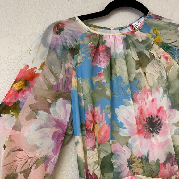 Teri Jon Rickie Freeman Patchwork Print Pleated Floral Chiffon Maxi Gown - Picture 8 of 12